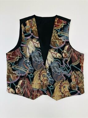 Vintage 90s Horse Equestrian Tapestry Vest Tie Back Western Riding Unisex